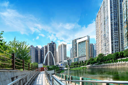 Modern tall buildings and bridge, Guiyang city landscape, China.の写真素材
