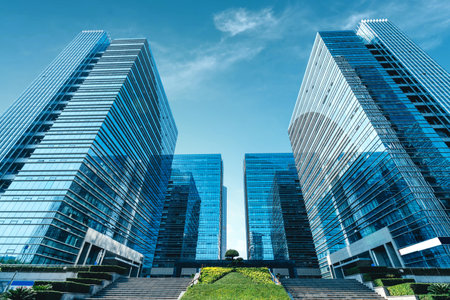 Modern skyscrapers in the business district, Xiamen, China.のeditorial素材