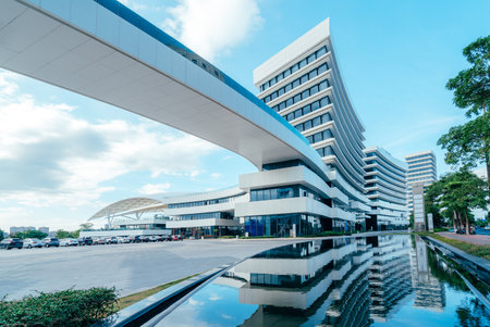 Modern skyscrapers in the business district, Xiamen, China.のeditorial素材