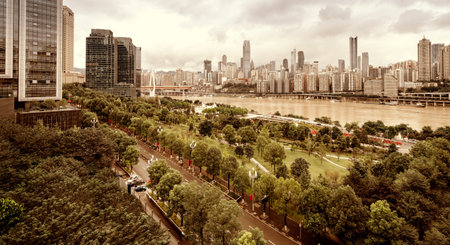 Chongqing city skyline, modern bridges and skyscrapers.の写真素材