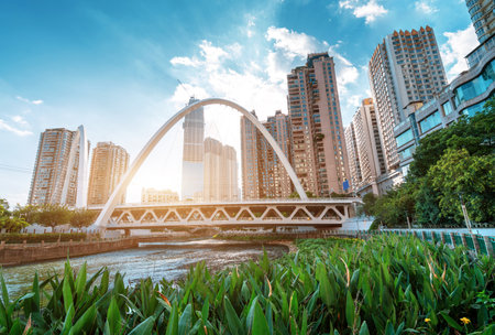 Modern tall buildings and bridge, Guiyang city landscape, China.の写真素材