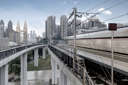 subway train with skyscraper in the modern city, in Chongqing, china.の写真素材