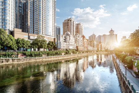 Modern tall buildings and bridge, Guiyang city landscape, China.の写真素材