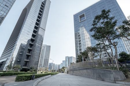 Plaza and modern skyscrapers, Xiamen CBD, Fujian, China.の写真素材