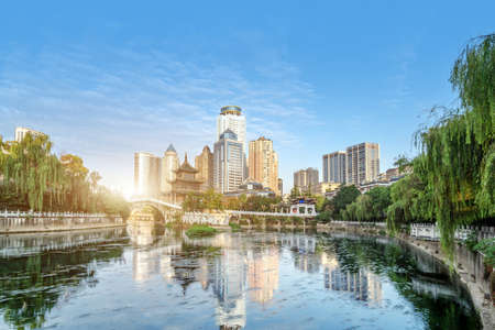 Modern tall buildings and bridge, Guiyang city landscape, China.の写真素材