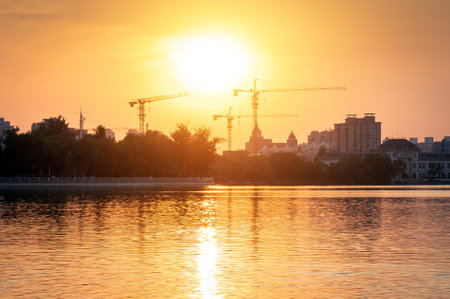 Building construction site, tall skyscrapers and cranes.の写真素材