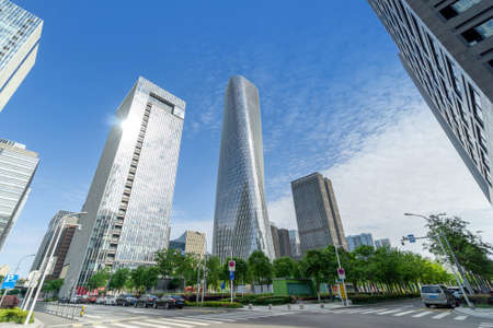 Skyscrapers by the road in the financial district, Ningbo, China.の写真素材