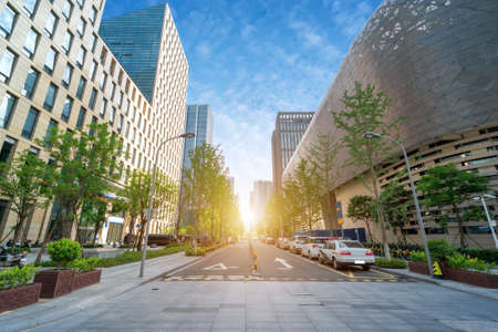 Street landscape, squares and tall buildings, Ningbo, China.の写真素材