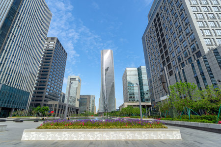 Street landscape, squares and tall buildings, Ningbo, China.