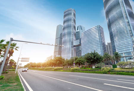 Central business district, roads and skyscrapers, Xiamen, China.の写真素材