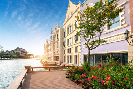 The commercial street by the sea, Haihua Island, Hainan, China.の写真素材