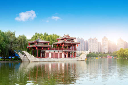 The ship-shaped building in the park, Xi'an, China.の写真素材
