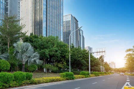 Central business district, roads and skyscrapers, Xiamen, China.の写真素材
