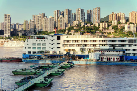 A cruise ship terminal on the Yangtze River, Chongqing, China.の写真素材
