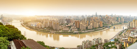 Aerial view of the Yangtze River and Chongqing city landscapeの写真素材