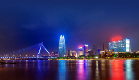 Cityscape of Minjiang Bridge on the Old Bund, Ningbo, China.の写真素材