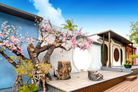 The antique architecture of the park is provided for tourists to take photos in Sanya, China.の写真素材