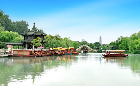 Chinese classical gardens, ancient buildings and lakes, Yangzhou, China.の写真素材