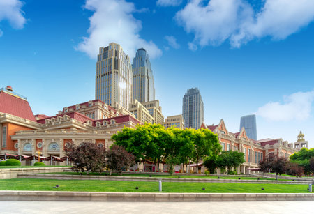 City square and historic buildings, Tianjin, China.の写真素材