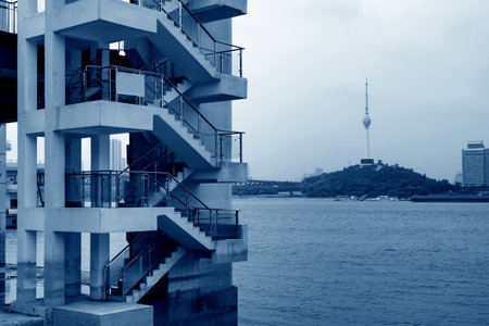 Yangtze River and skyscrapers, Wuhan, China.の写真素材