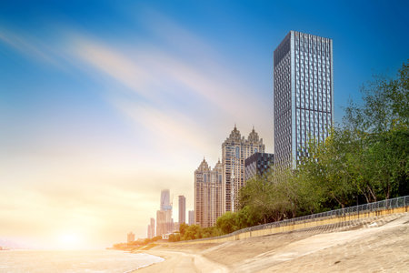 Yangtze River and skyscrapers, Wuhan, China.の写真素材