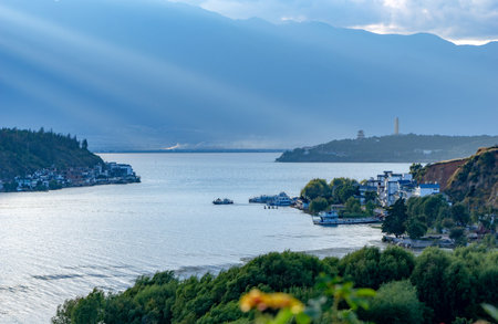 Famous Dali old town and and Erhai lake in Yunnan, Chinaの写真素材