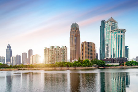 Skyscrapers by the lake, Wuhan, China.の写真素材