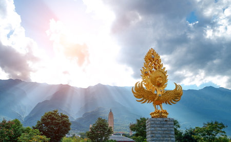The gilded Dapeng at the entrance of the Three Pagodas of Chongsheng Temple, Dali City, Yunnan Province, China.の写真素材