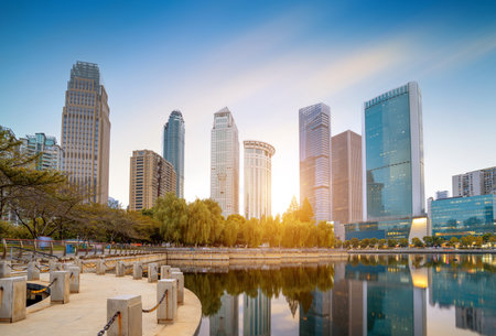 Skyscrapers by the lake, Wuhan, China.の写真素材