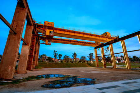 The steel structure and bridge crane of the dock are located by the Dongting Lake in Yueyang, China.の写真素材