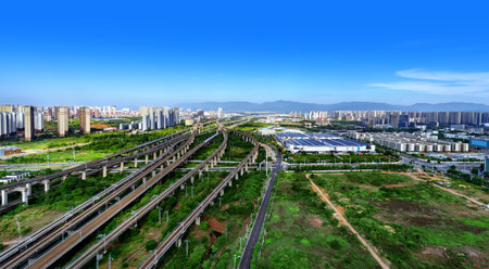 High-speed train crosses railway transportation hubの写真素材