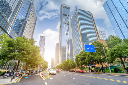 The city's tall buildings and high-speed cars, the urban landscape of Changsha, China.の写真素材