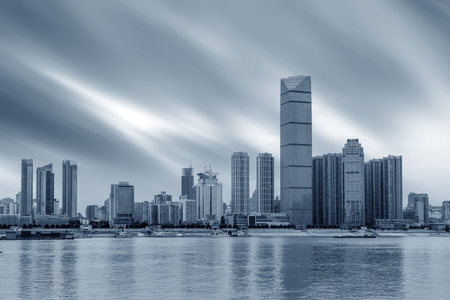 Yangtze River and skyscrapers, Wuhan, China.の写真素材