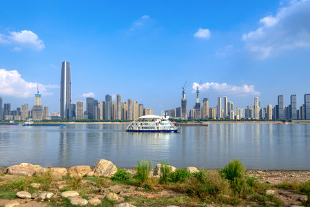 Yangtze River and skyscrapers, Wuhan, China.の写真素材