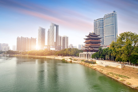 Changyou Pavilion, a historical site on the bank of the Yong River, Nanning, Guangxi, China.の写真素材