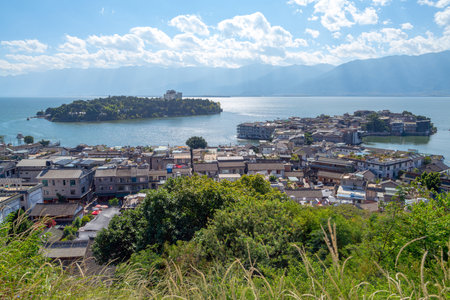 Famous Dali old town and and Erhai lake in Yunnan, Chinaの写真素材
