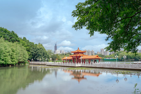 Chinese garden at the Su Dongpo Memorial Hall, Huizhou, China.の写真素材
