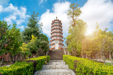 The pagoda in Wanfu Pagoda Park, Chuxiong, Yunnan, Chinaの写真素材