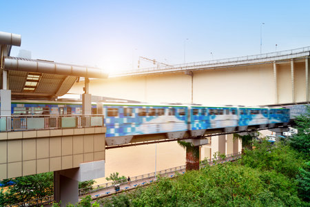 light rail moving on railway in chongqing
