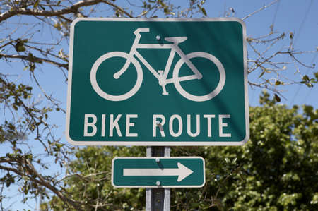 Bike route sign, tourism on the island encourages visitors to hire bikes and use special lanes sanibel Island, florida America, usa taken in march 2006の写真素材