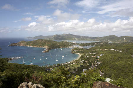 view of falmouth bay and english harbour from shirley heights lookout, Antigua leeward islands caribbean lesser antillies west indiesの写真素材