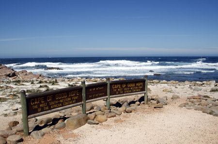 cape of good hope signpost indicating africas most south western point part of the table mountain national park cape town western cape province south Africaの写真素材