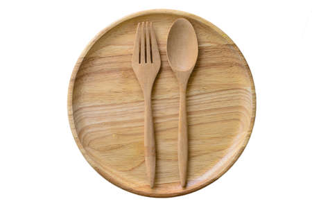 Empty wooden plate and spoons, forks on white background, Set of wooden plate and spoons, forksの写真素材