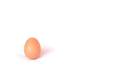 Single brown chicken egg on white fabric background with copy spaceの写真素材