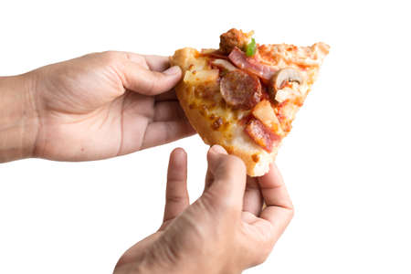 pizza in two hands isolate on white backgroundの写真素材