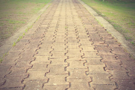 Selective focus of walkway in park; Brick worm pathway.の写真素材