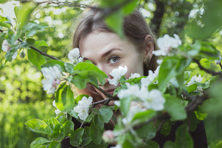 Close up girl peeking over apple blossoms portrait picture. Spring day. Closeup front view...