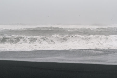 Ocean beach monochrome landscape photo. Beautiful nature scenery photography with large waves on...