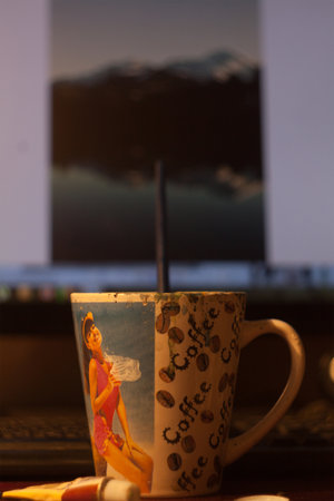 Close up cup for brushes washing in art studio concept photo. Front view photography with blurry picture on background. High quality picture for wallpaper, travel blog, magazine, articleの写真素材