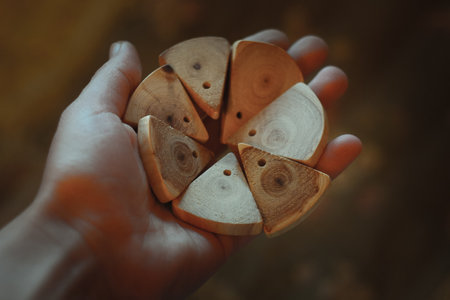 Close up person holding wooden slices for handicraft concept photo. First view hand photography with blurry background. High quality picture for wallpaper, travel blog, magazine, articleの写真素材